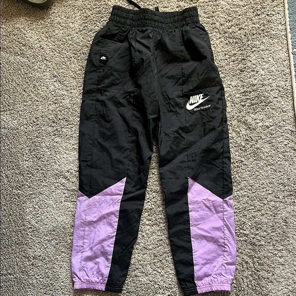 Nike Black and Purple Joggers with Elastic Cuffs- EUC
